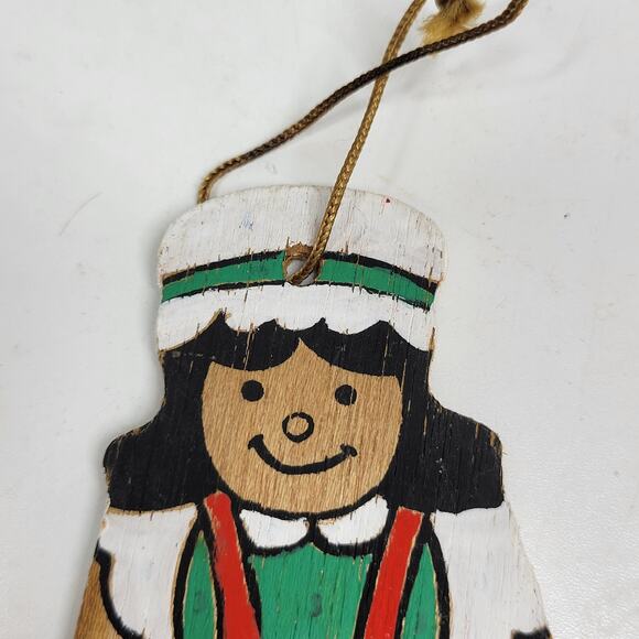 VINTAGE Wooden Girl Christmas Ornament 4" Red Hand Painted Flat Double Side 70s - Picture 4 of 12